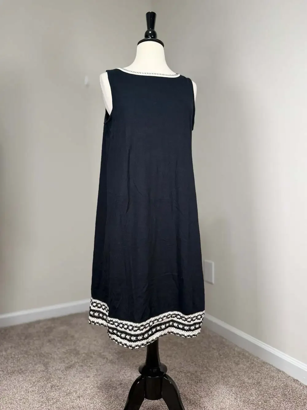 J Jill Cotton Modal Swing Dress Embroidered Hem Black M